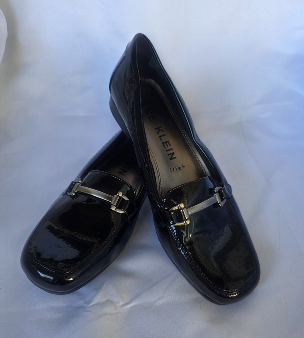 Anne Klein Women's Black Patent Leather Slip-On Loafer Flats Square Toe 7.5